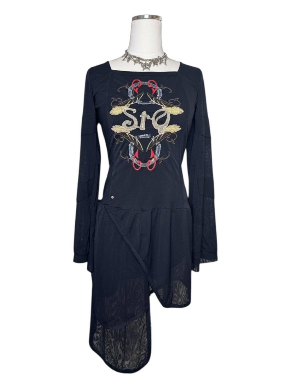 Y2K Save The Queen Black Embroidered Asymmetric Long-Sleeve Tunic Top Size Large